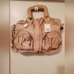 NWT BULGA Soft Glossy Leather Beige/ Light Pink Color Medium Size Bag